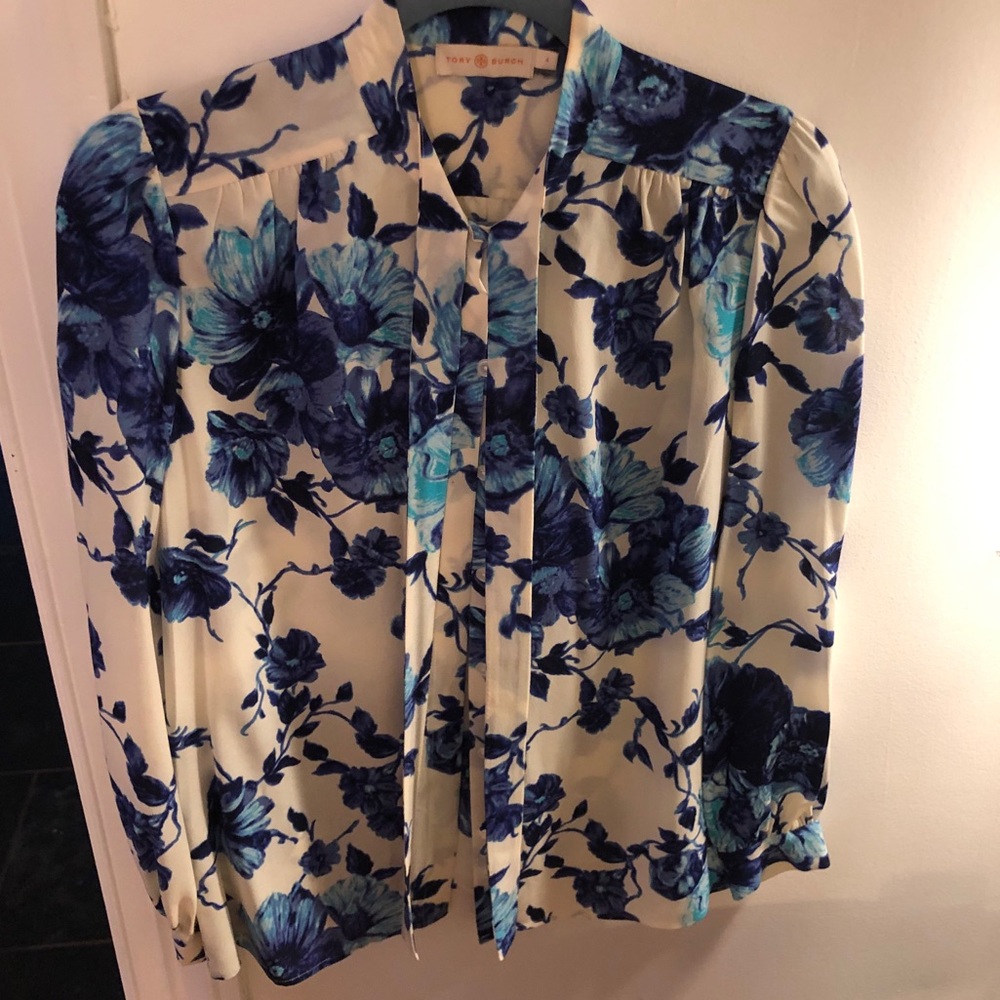 Tory Burch - Pussy Bow Blue Floral - Silk …